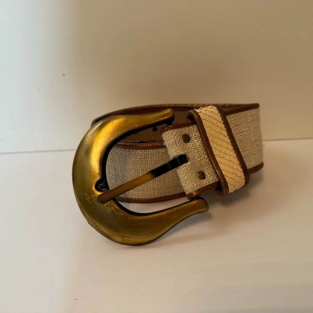 DUSTY BAKER BELT WIDE CREAM FABRIC SNAKESKIN METALLIC BRONZE GOLD SIZE M